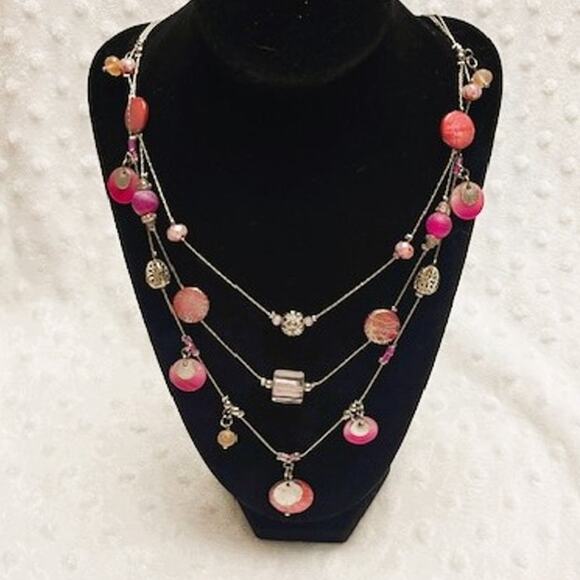 Vintage Multi-Strand Silver & Shades of Pink Beaded Necklace - Picture 2 of 7